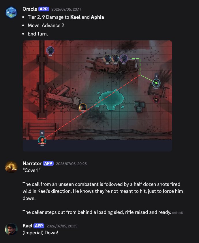 A Fable Smith combat in Discord: a battle map, then the Narrator describing the turn and the Oracle running the enemy's move