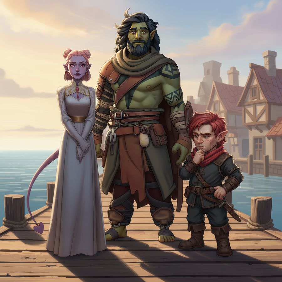 Three adventurers from one of my games, standing on a harbour pier
